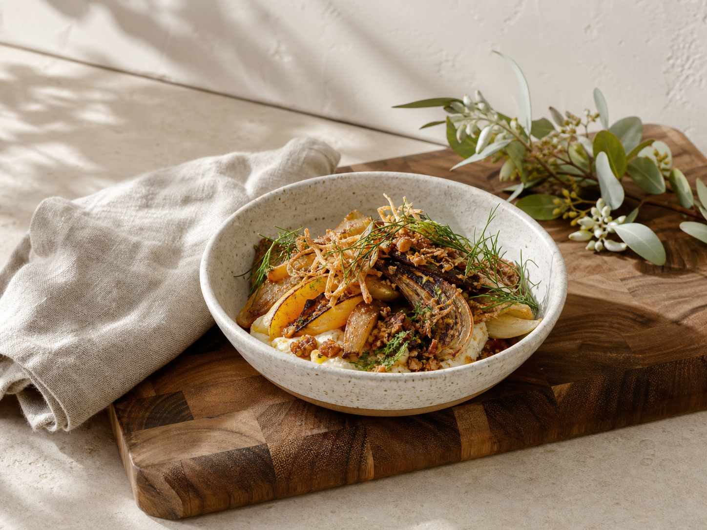 A finished seasonal meal in handmade stoneware