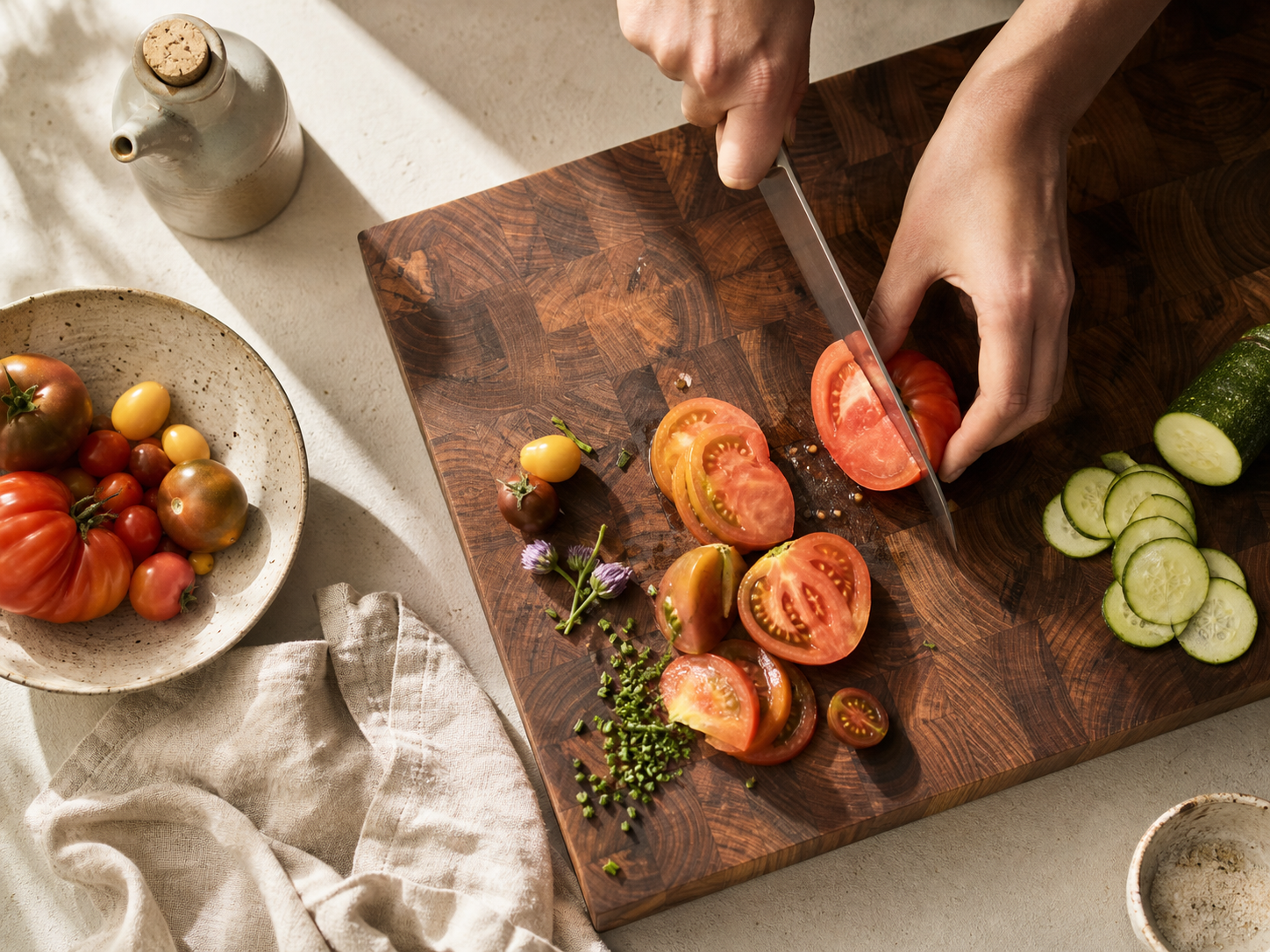 Hands working with seasonal ingredients on a richly grained walnut board