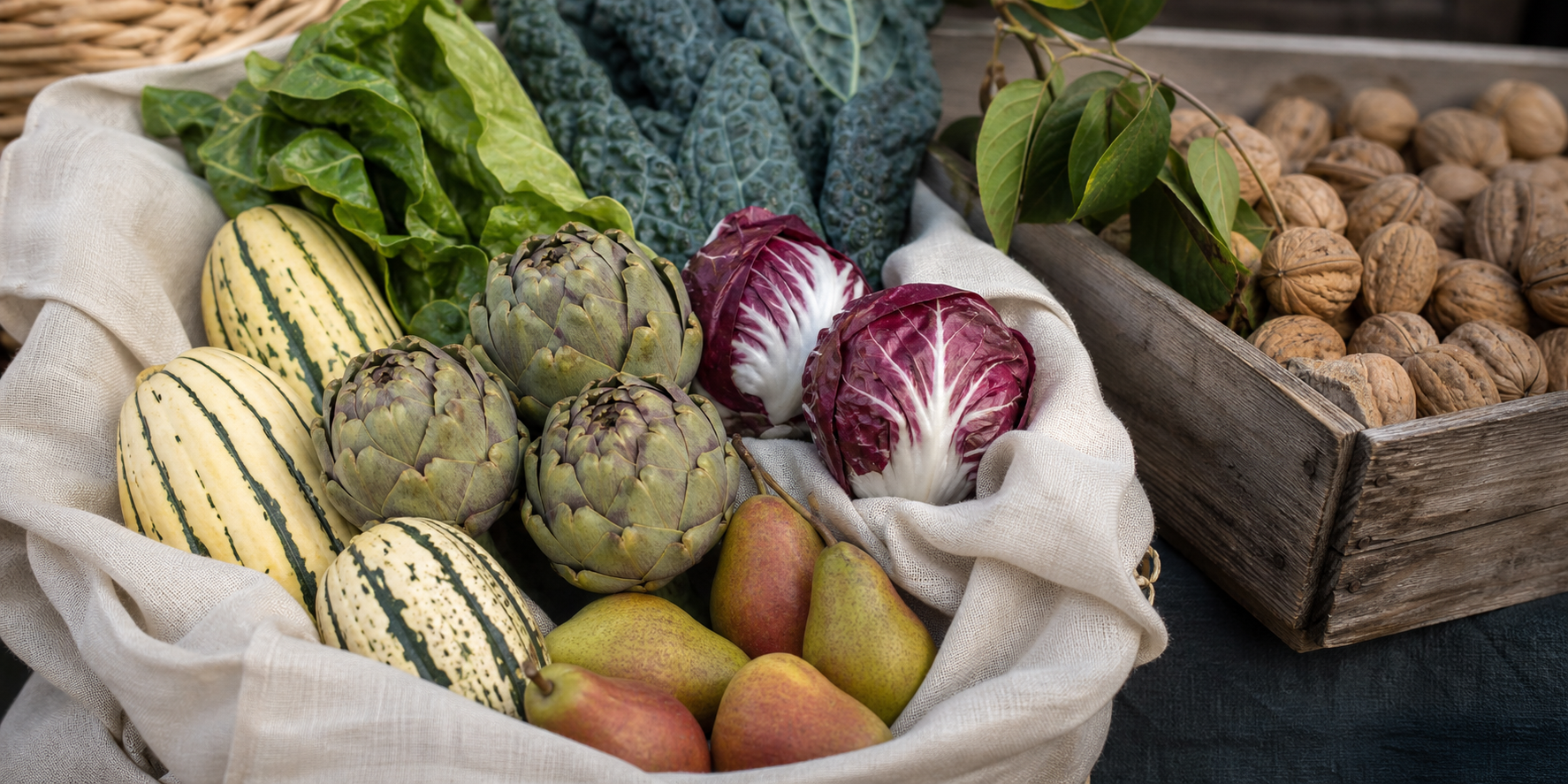Artichokes, squash, greens, and pears gathered at the farmers market