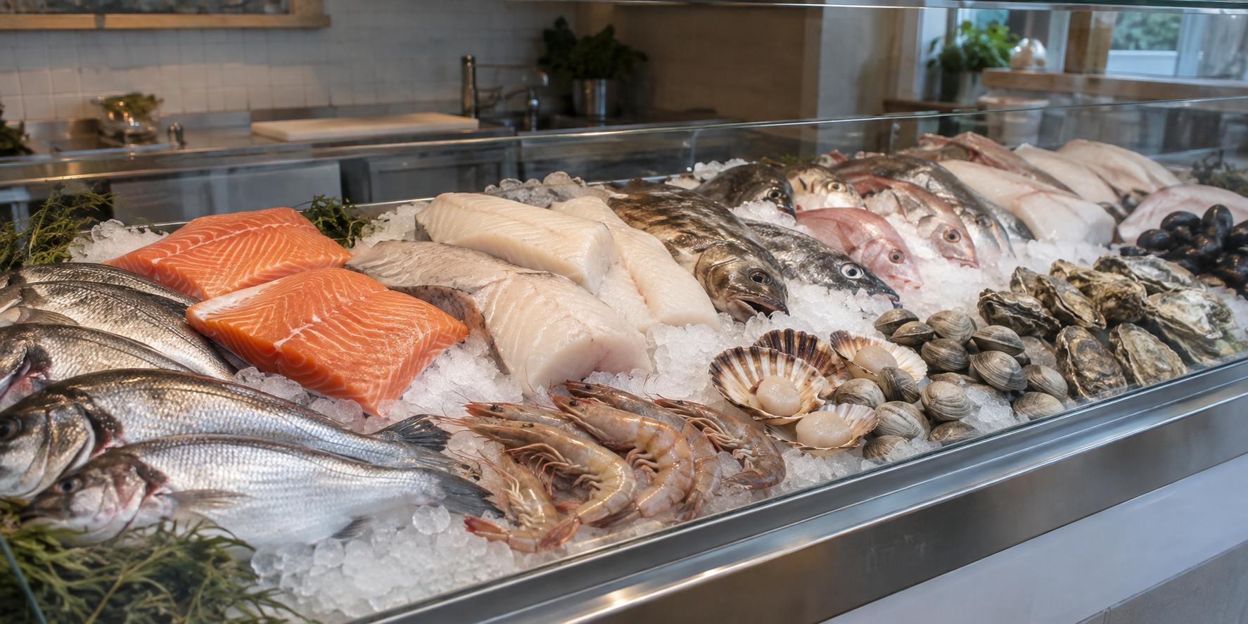 A neighborhood fishmonger seafood counter with fresh fish and shellfish on ice