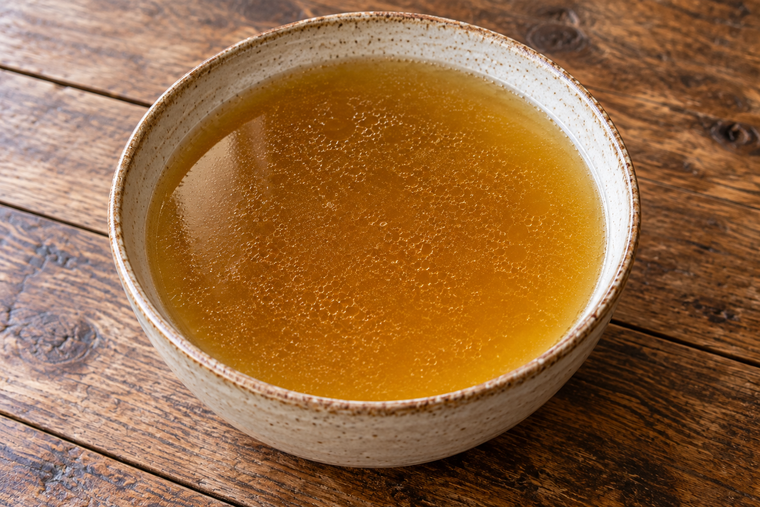 Deep golden chicken bone broth in a handmade ceramic bowl