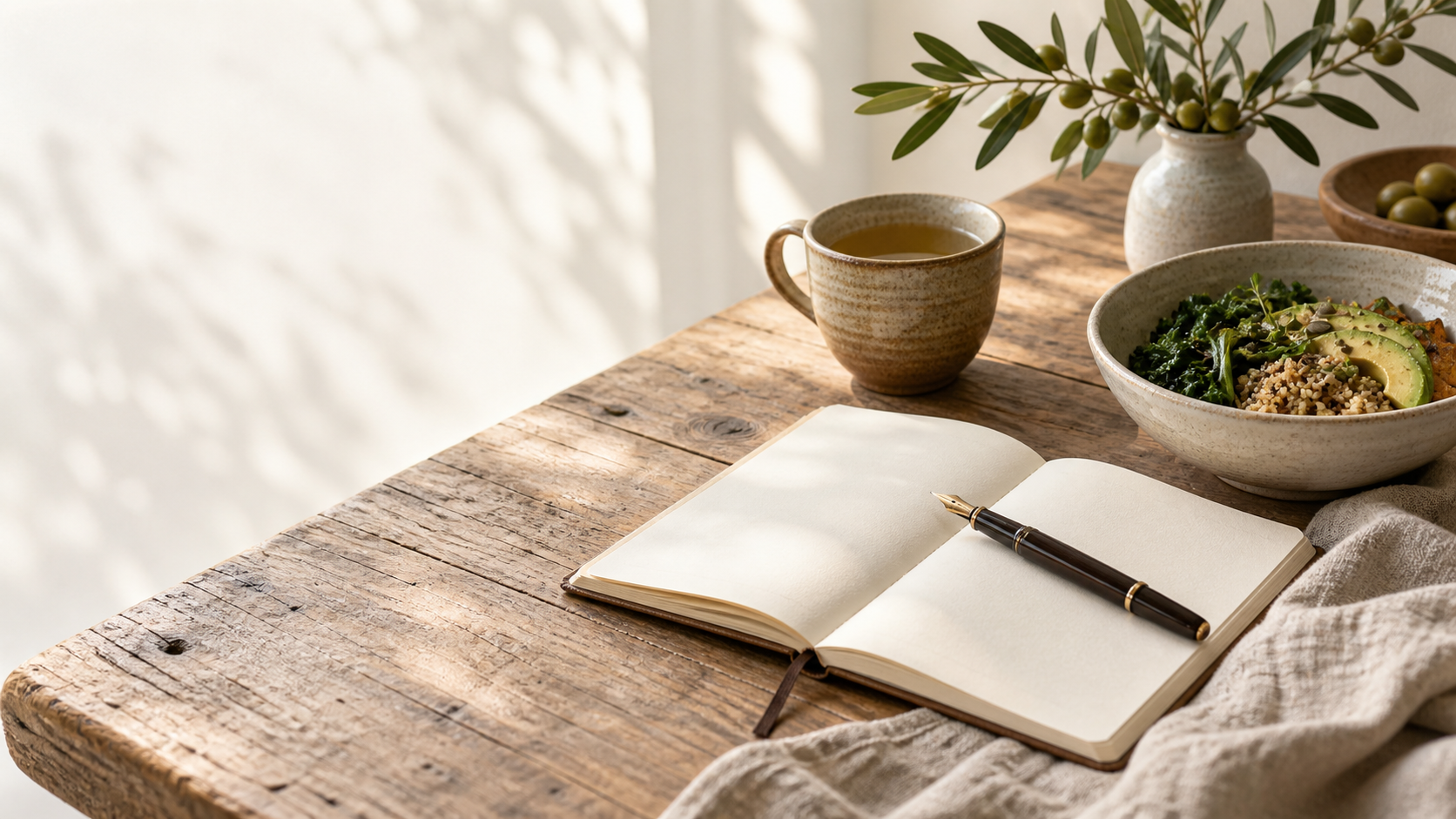 An open food journal, tea, and a seasonal bowl on a sunlit farmhouse table