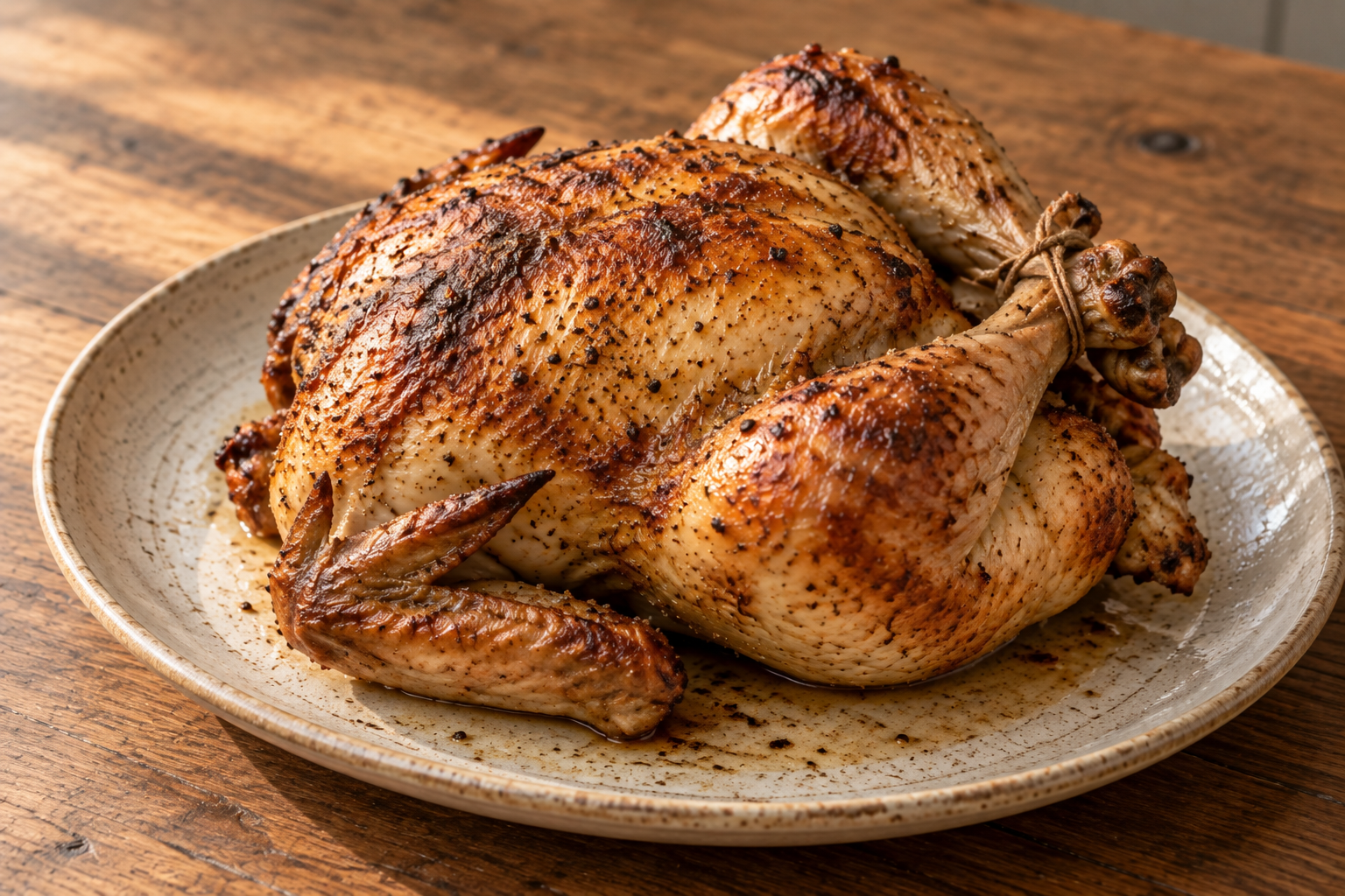 A whole roasted chicken on a simple ceramic platter